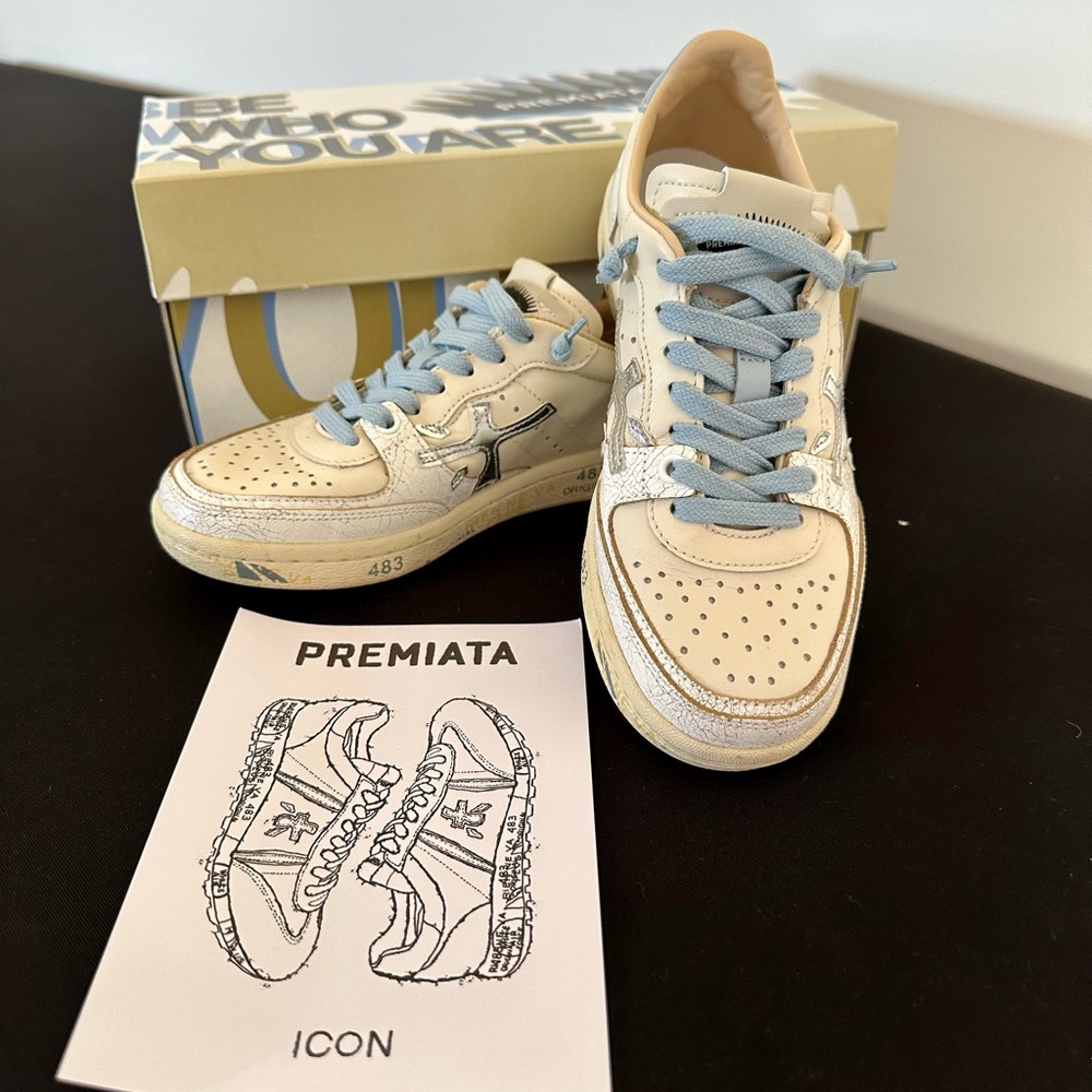 Premiata BSKT-Clay Cream and Light Blue Sneakers